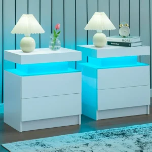 Set of 2 Nightstand with 2 Drawers and 2 LED Lights