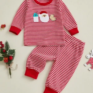 Santa Claus Embroidered Striped Crew Neck Sweater and Pants