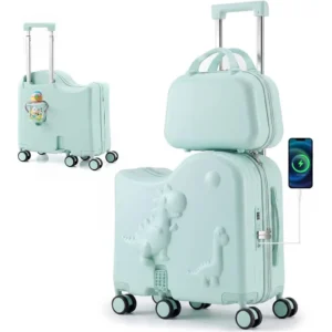 20 Kids Dinosaur Ride-On Suitcase with 12 Portable Bag, USB & Type-C, Cup Holder, Foldable Footrest, 6 Spinner Wheels - Green