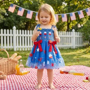 4th of July Dress Smocked Popsicle Bow Print Spaghetti Strap
